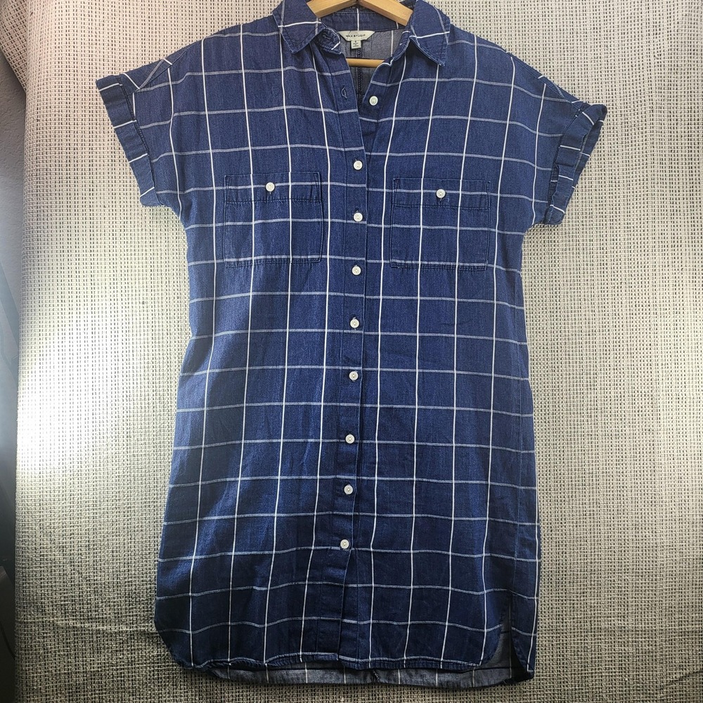 Max Studio Dress Womens Small Blue Plaid Button Front Shirt‎ Dress Tunic